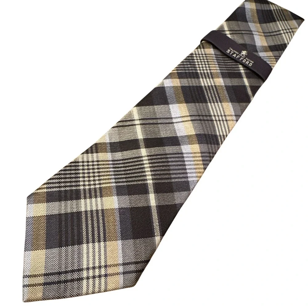 Stafford Men's Neck Tie New With Tags Navy Blue Brown Plaid Check 100% Silk